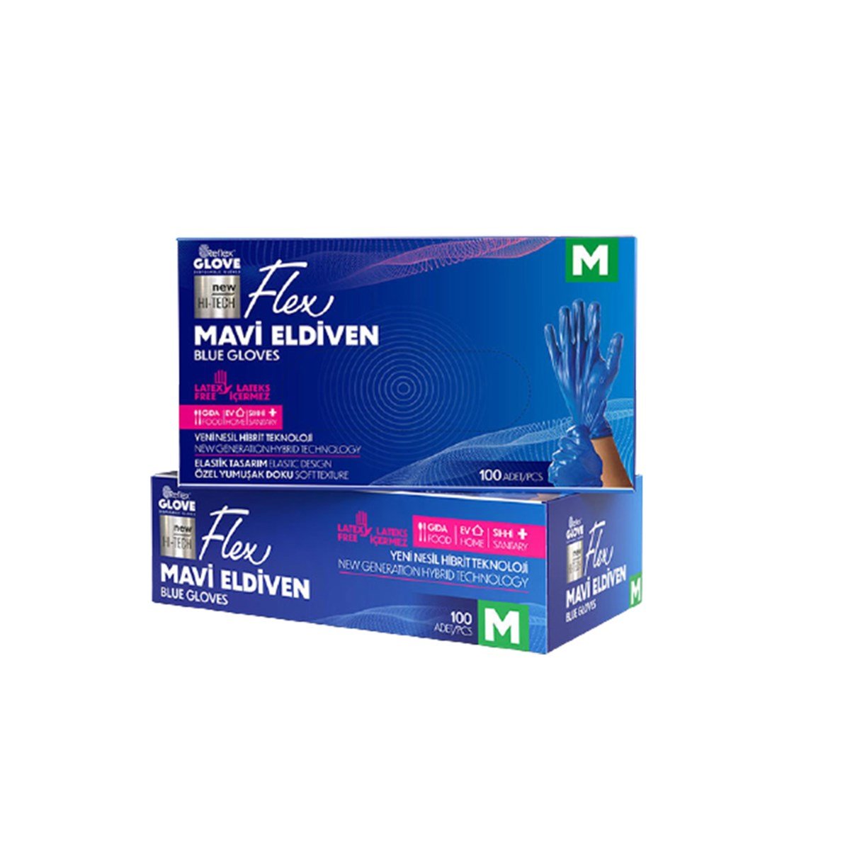 Reflex Flex Pudrasız Eldiven Mavi M Beden Yeni Nesil Hibrit Teknoloji 100'Lü Paket resmi