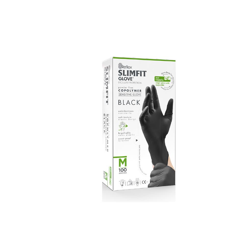 Reflex Slim Fit Pudrasız Eldiven Siyah M Beden Yeni Nesil Teknoloji 100'lü Paket resmi