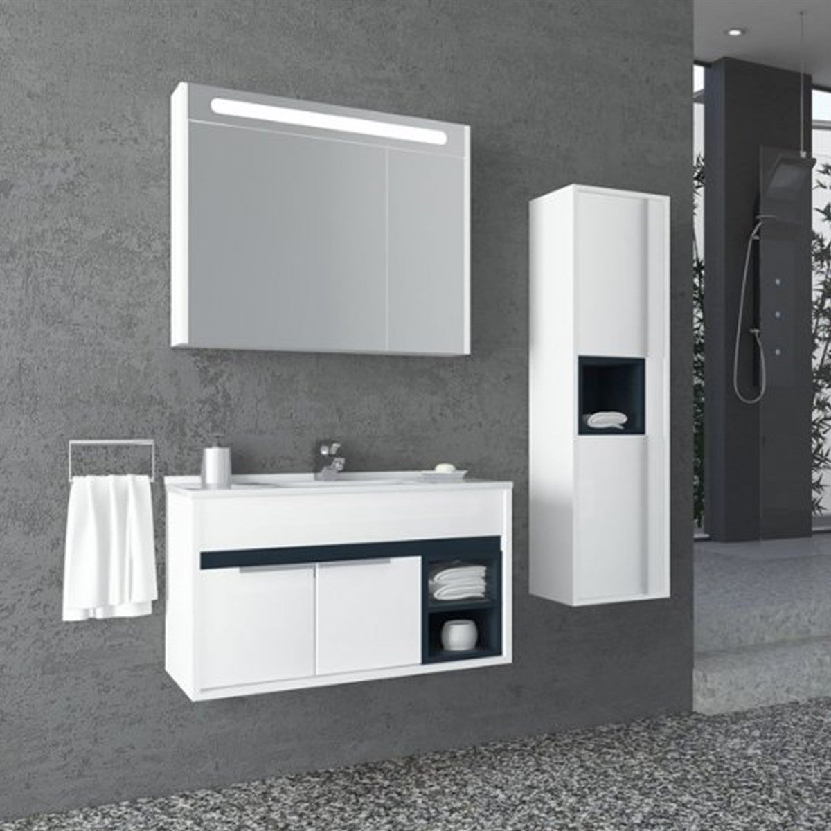 Aquanil Napoli 85 Cm Beyaz Lavabolu Banyo Dolabı - Beyaz resmi