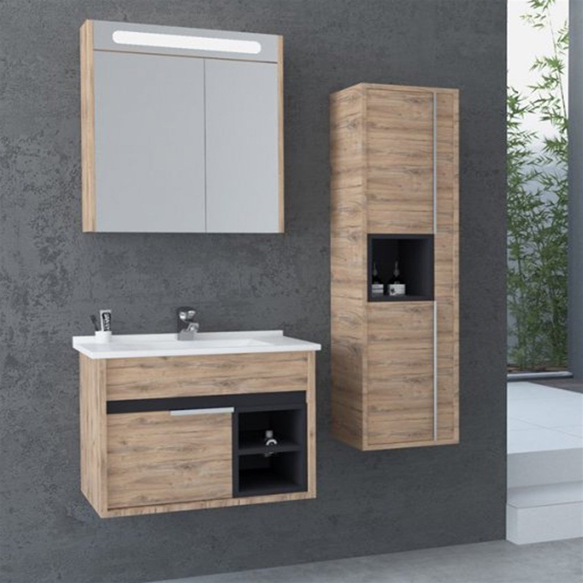 Aquanil Napoli 85 Cm Beyaz Lavabolu Banyo Dolabı - Dorado resmi