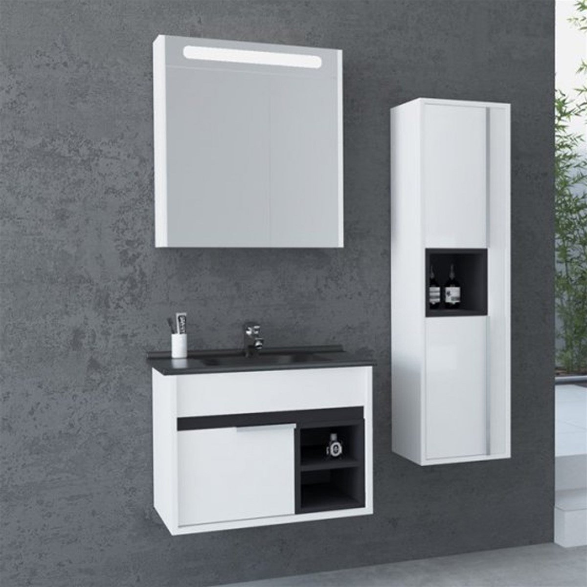 Aquanil Napoli 65 Cm Siyah Lavabolu Banyo Dolabı - Beyaz resmi