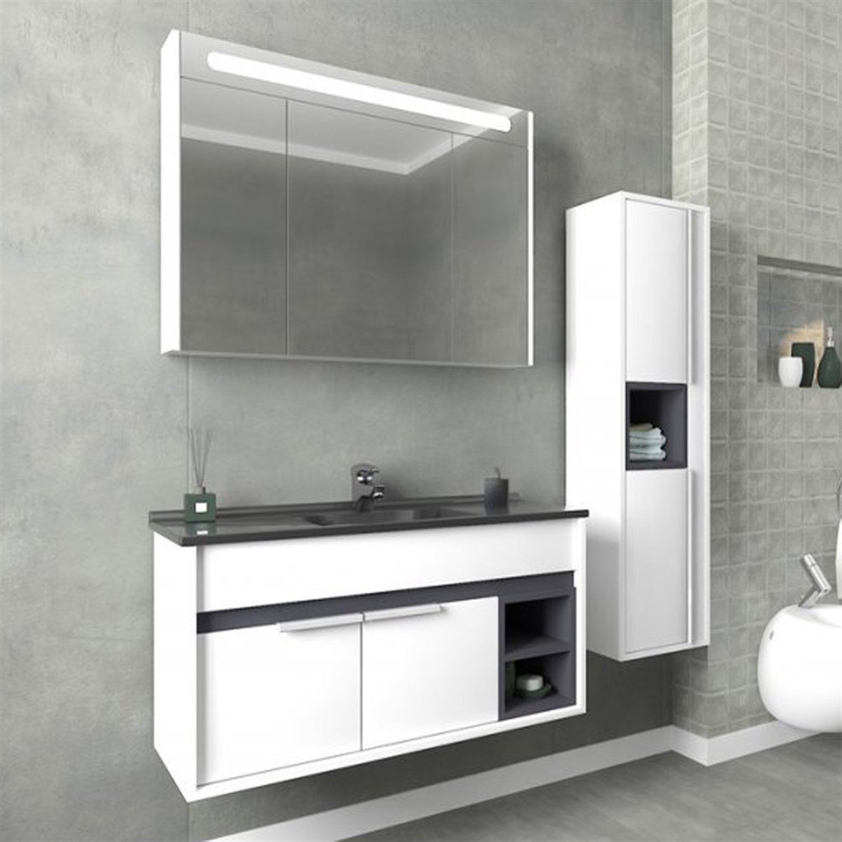 Aquanil Napoli 85 Cm Siyah Lavabolu Banyo Dolabı - Beyaz resmi