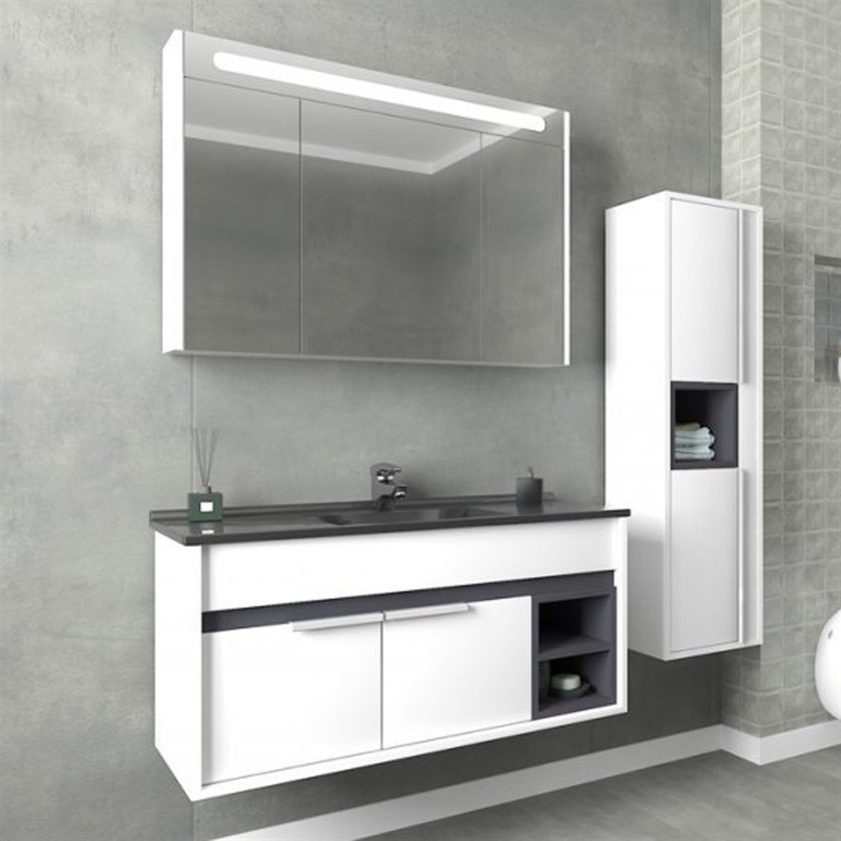 Aquanil Napoli 100 Cm Siyah Lavabolu Banyo Dolabı - Beyaz resmi