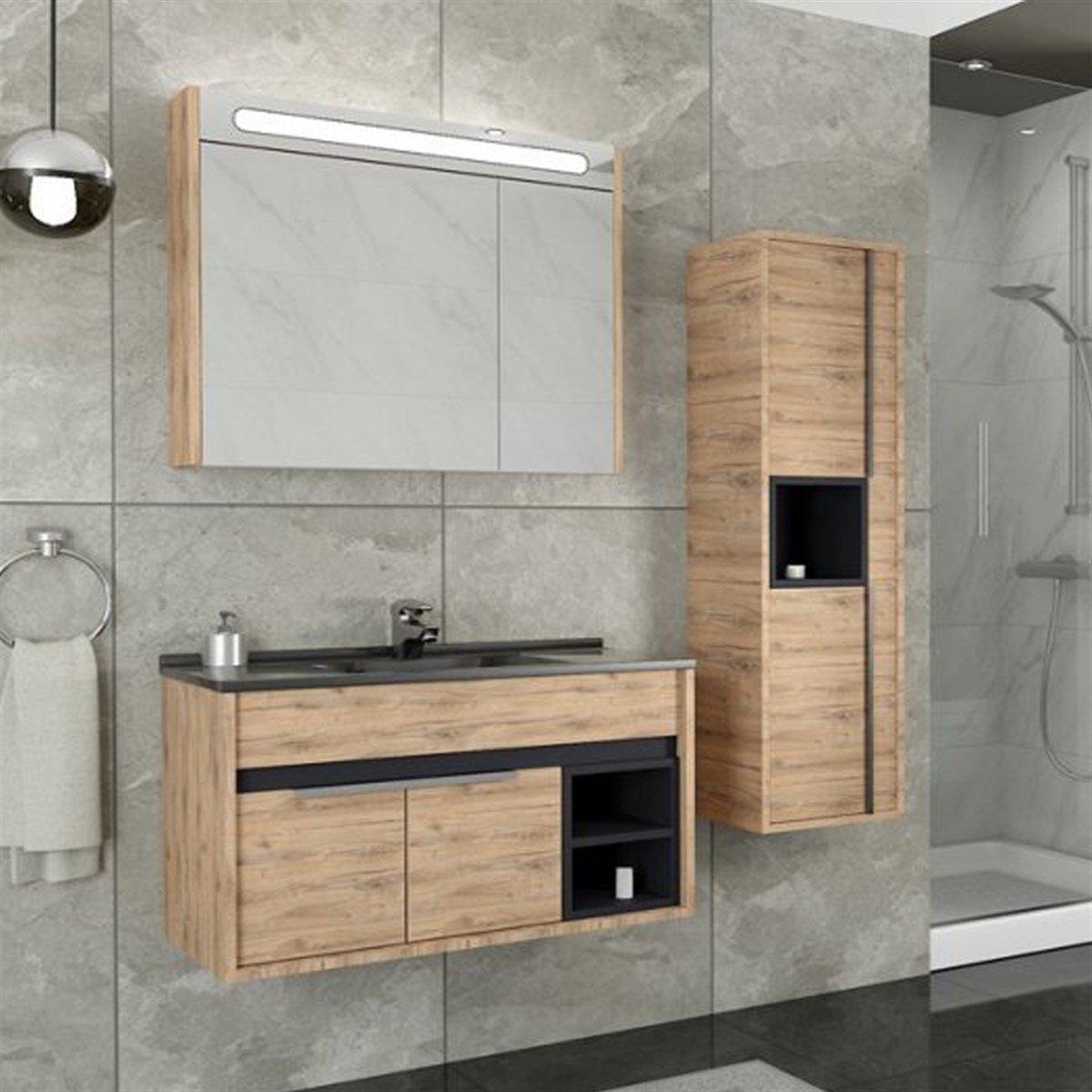 Aquanil Napoli 100 Cm Siyah Lavabolu Banyo Dolabı - Dorado resmi