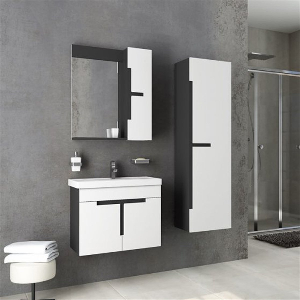 Aquanil Tempo 60 Cm Banyo Dolabı - Beyaz/antrasit resmi