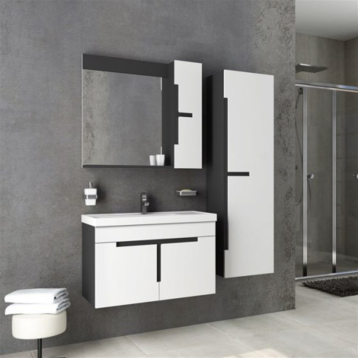 Aquanil Tempo 80 Cm Banyo Dolabı - Beyaz/antrasit resmi