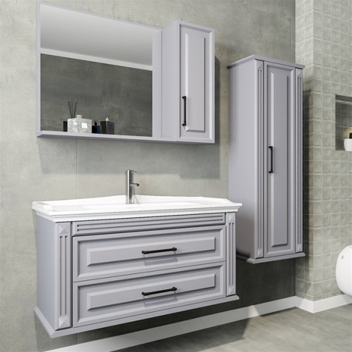 Aquanil Moskova 100 Cm Banyo Dolabı (aynalı Üst Dolap) - Gri resmi