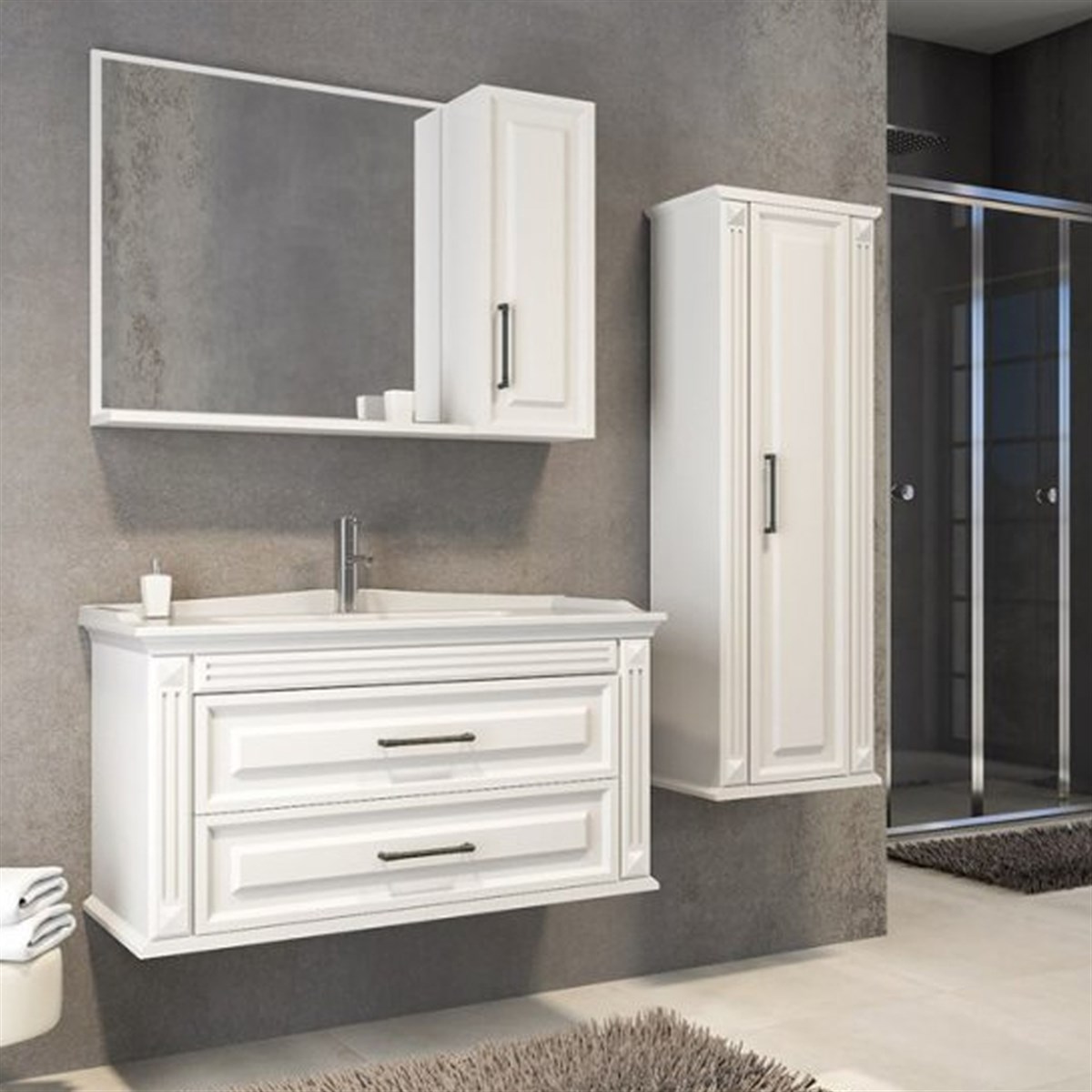 Aquanil Moskova 100 Cm Banyo Dolabı (aynalı Üst Dolap)- Beyaz resmi