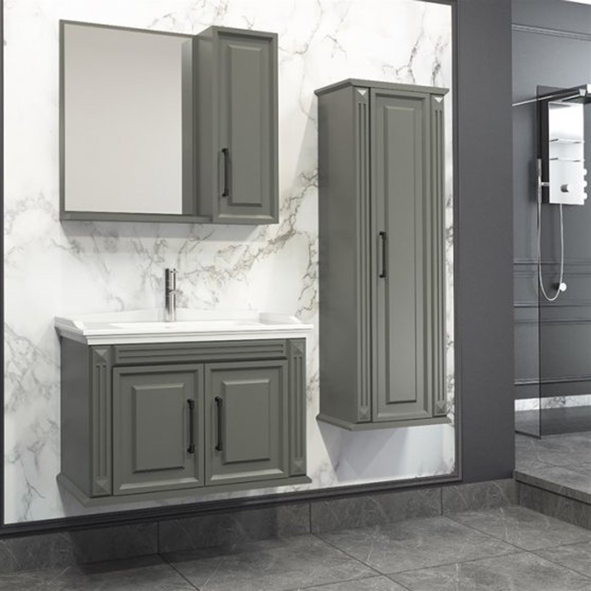 Aquanil Milano 80 Cm Banyo Dolabı (aynalı Üst Dolap) - Antrasit resmi