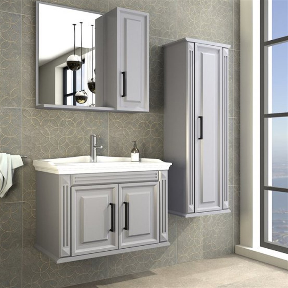 Aquanil Milano 80 Cm Banyo Dolabı (aynalı Üst Dolap) - Gri resmi