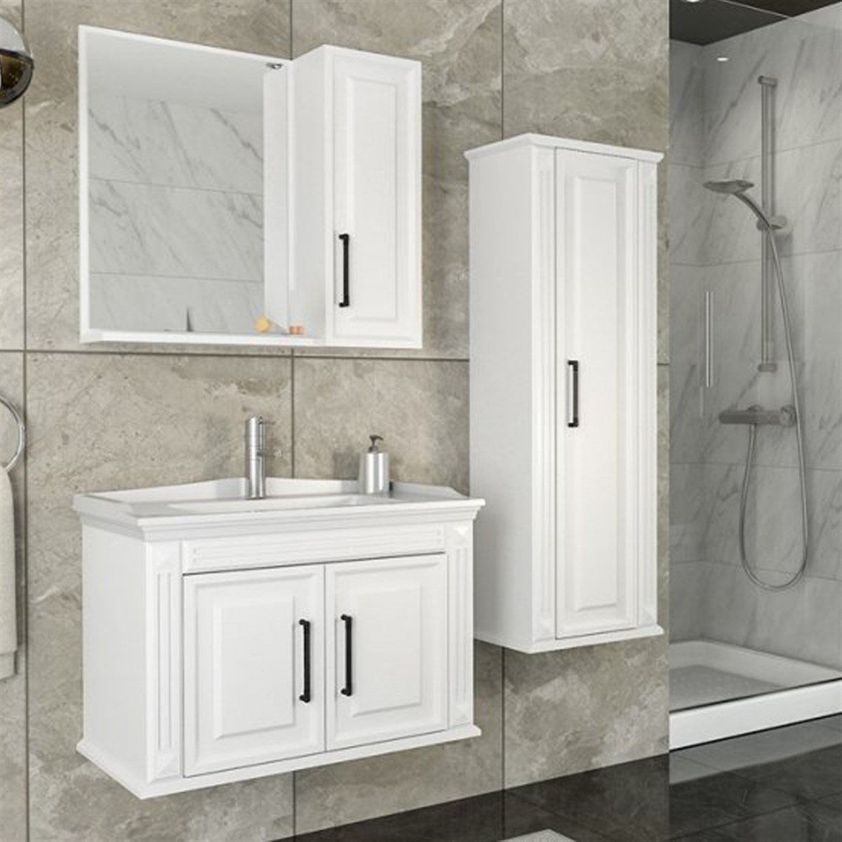 Aquanil Milano 80 Cm Banyo Dolabı (aynalı Üst Dolap) - Beyaz resmi