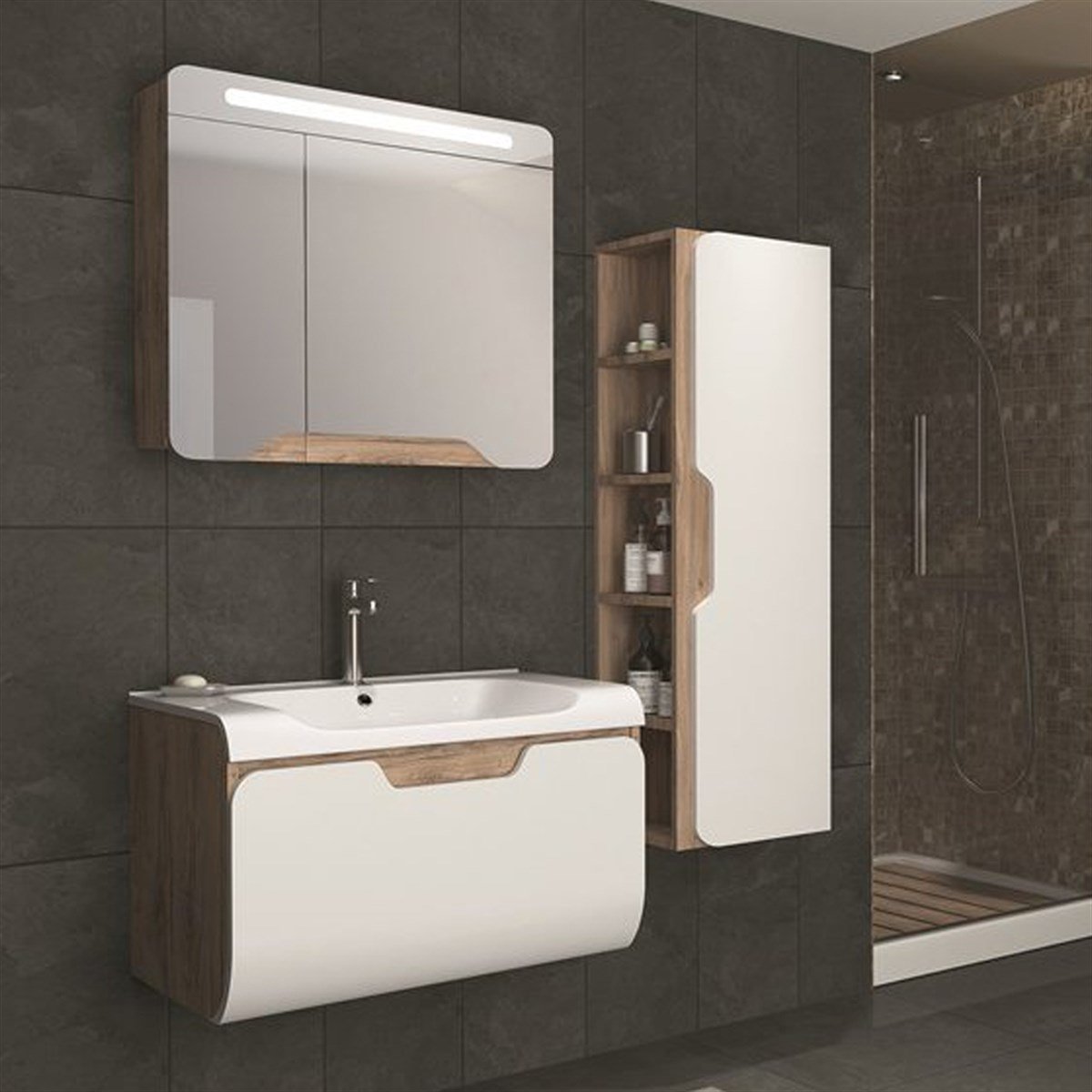 Aquanil Tales 80 Cm Banyo Dolabı - Beyaz/dorado resmi