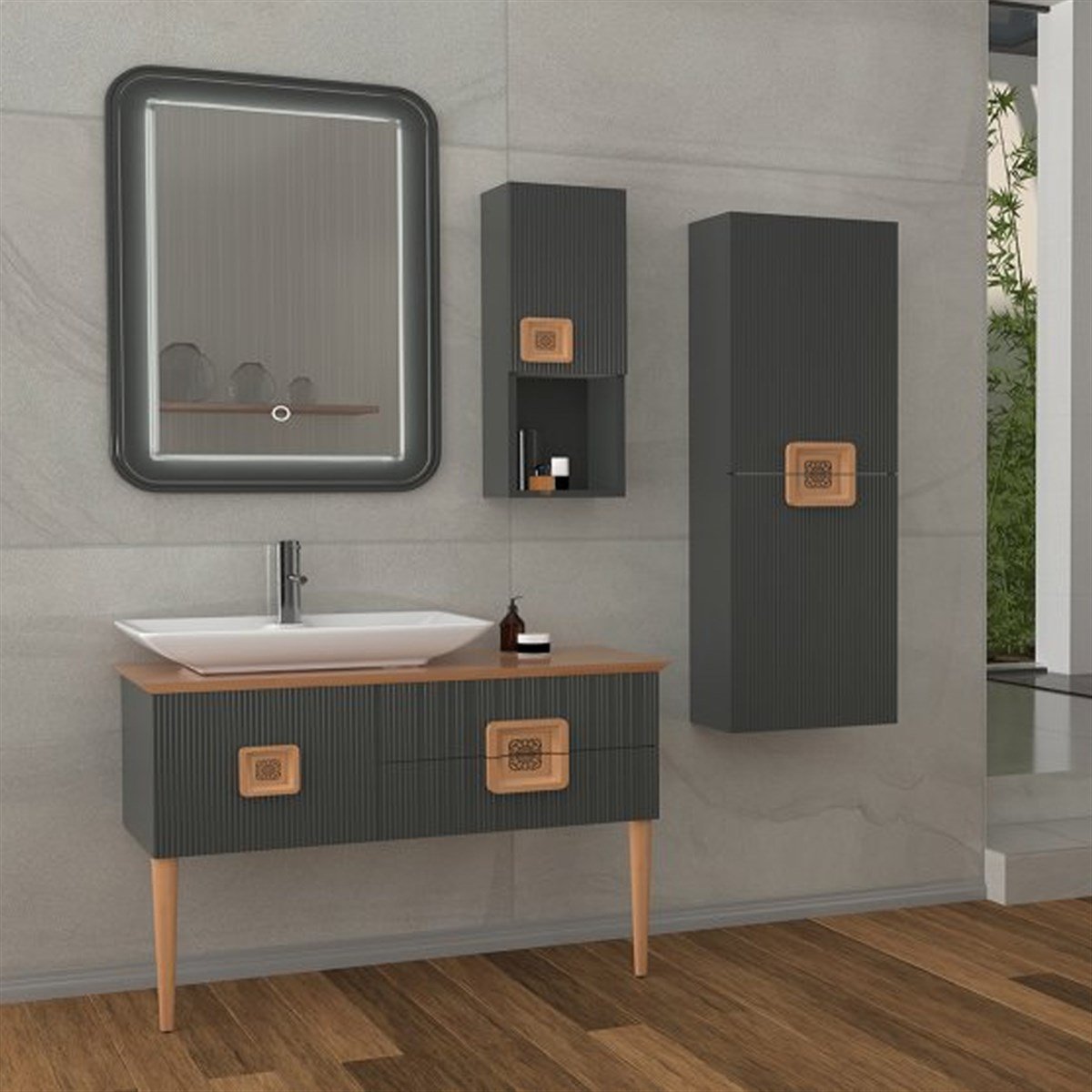 Aquanil Zürih 100 Cm Beyaz Lavabolu Banyo Dolabı - Antrasit resmi