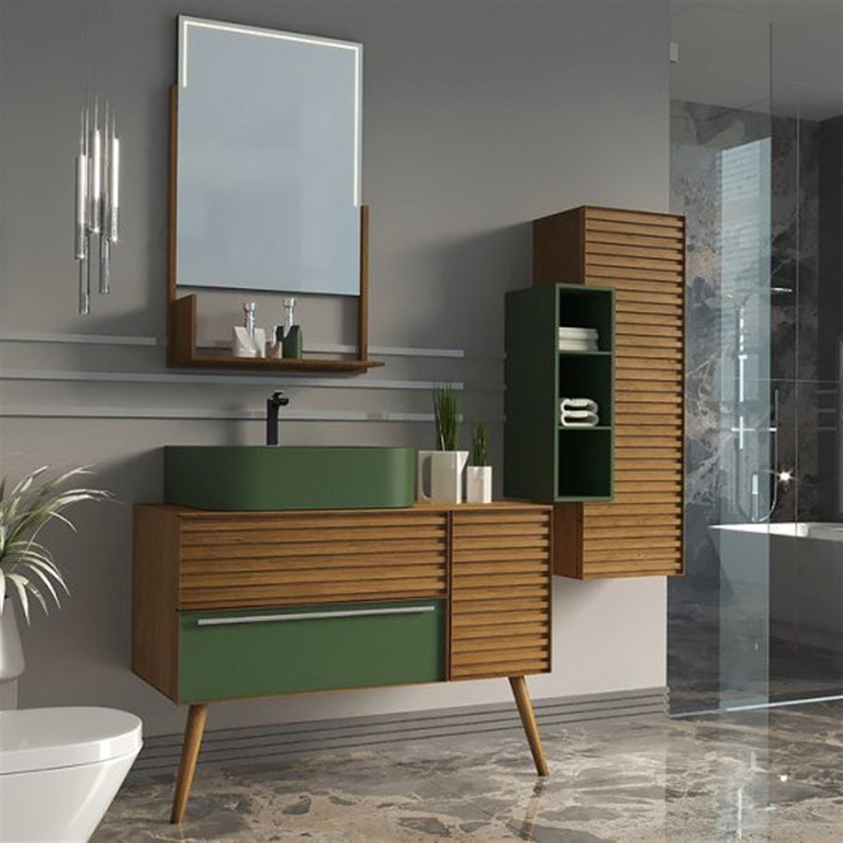 Aquanil Zelena 100 Cm Banyo Dolabı - Yeşil/meşe resmi