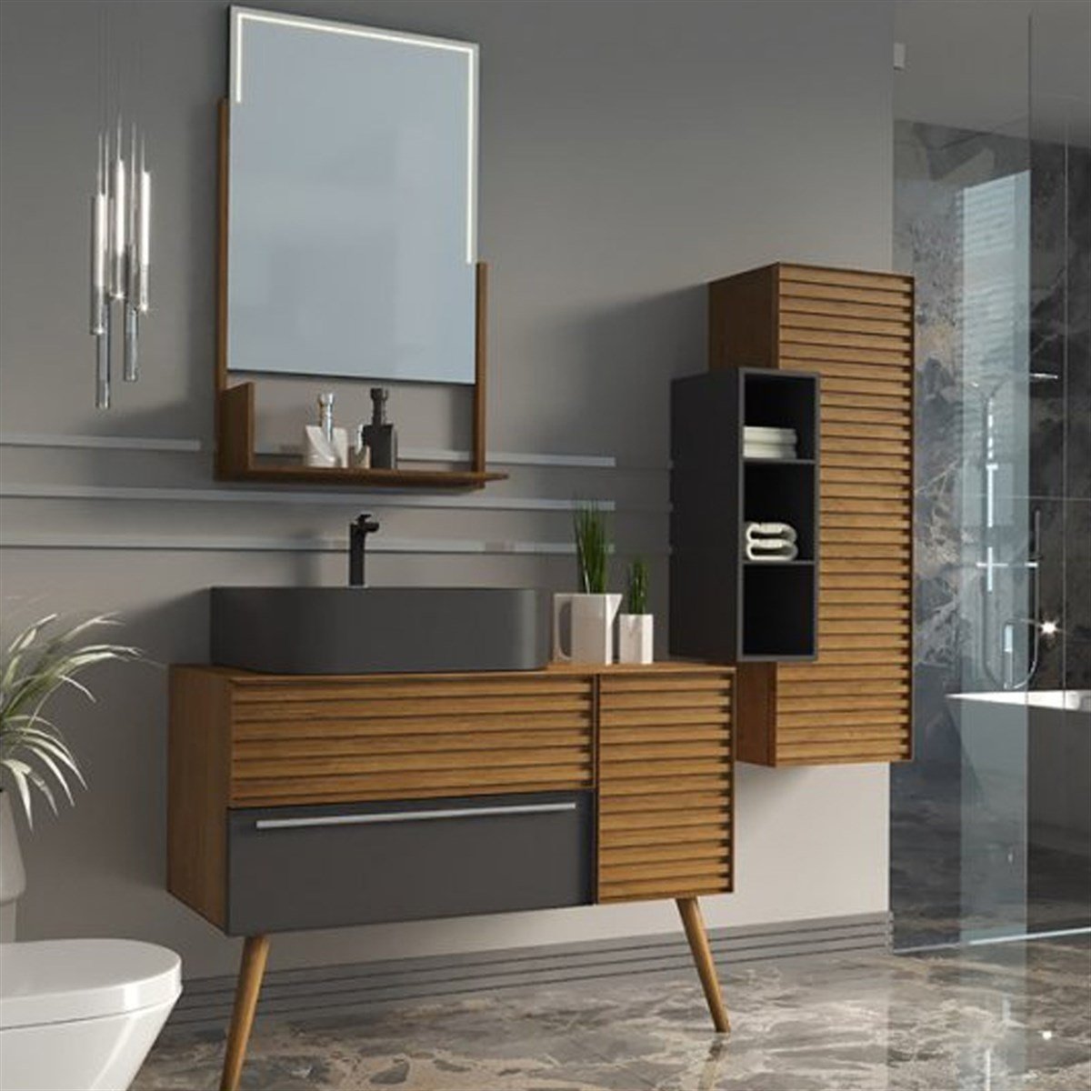 Aquanil Zelena 100 Cm Banyo Dolabı - Antrasit/meşe resmi