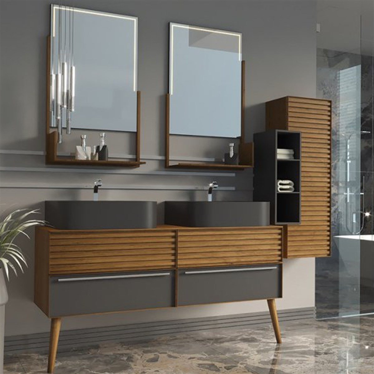 Aquanil Pareja 140 Cm Banyo Dolabı - Antrasit/meşe resmi