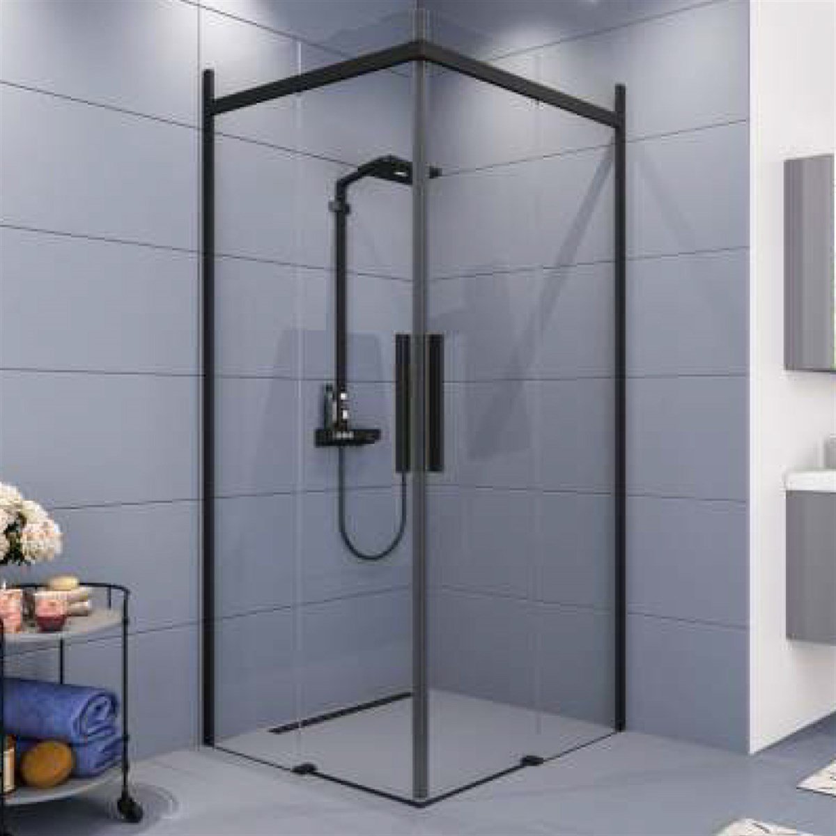 Aquanil Clase 6mm Kare Siyah Eloksal Şeffaf Cam Duşakabin 90x90cm resmi