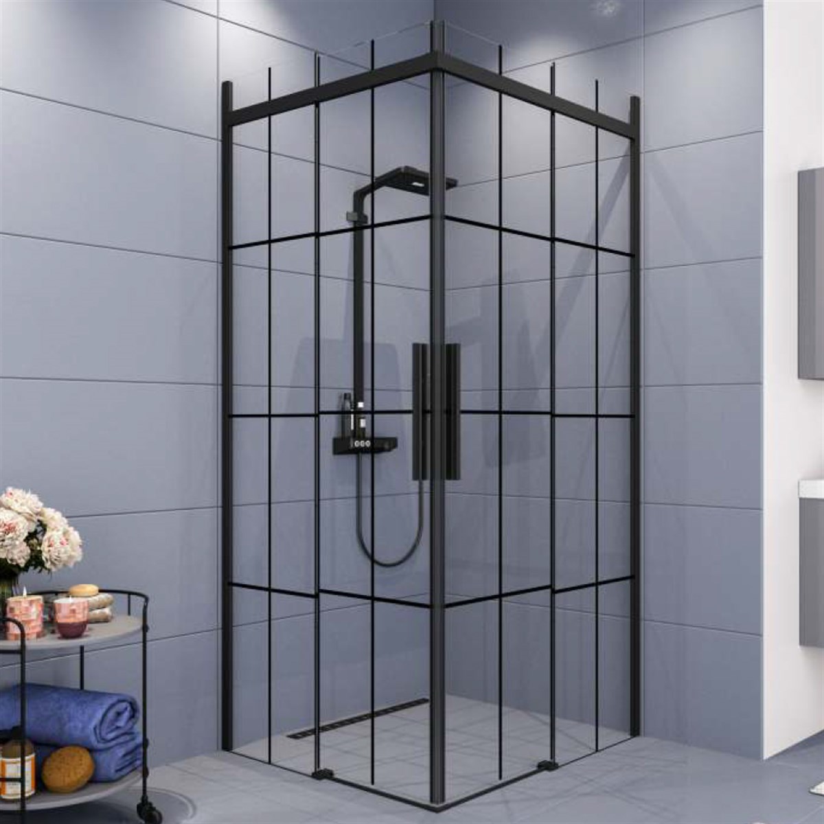 Aquanil Clase 6mm Kare Siyah Eloksal Siyah Karolaj Cam Duşakabin 90x90cm resmi