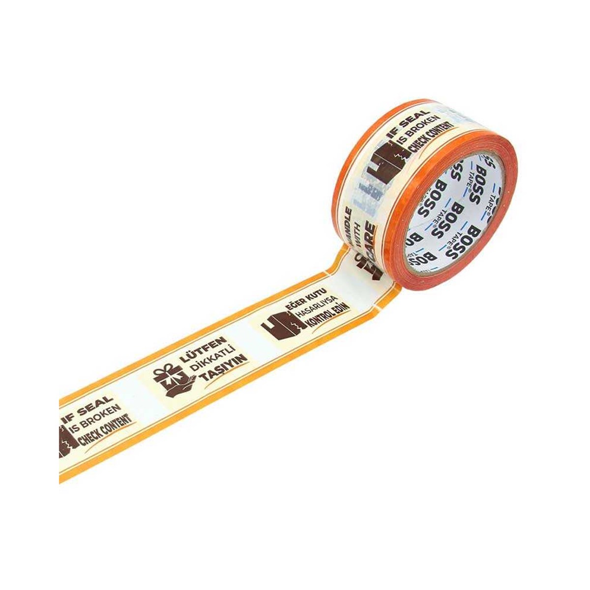 Boss Tape Baskılı Koli Bandı 50mmx66mt Dikkatli Taşıyınız-handle With Care Uyarılı resmi