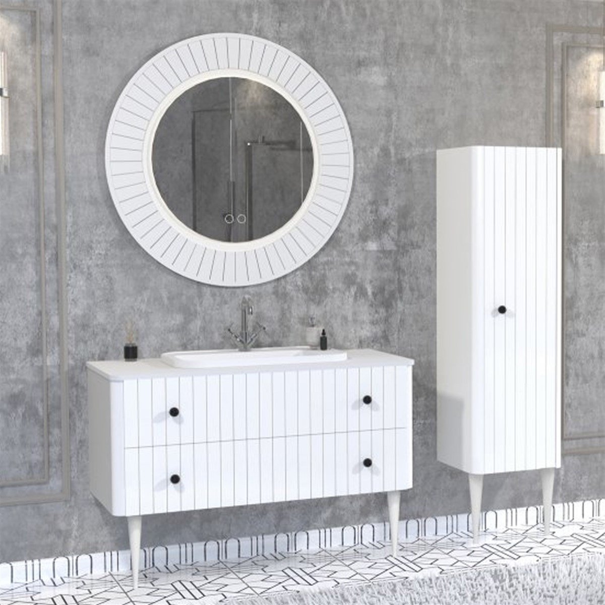 Aquanil Solaris 120 Cm Ayaklı Siyah Lavabolu Banyo Dolabı - Beyaz resmi