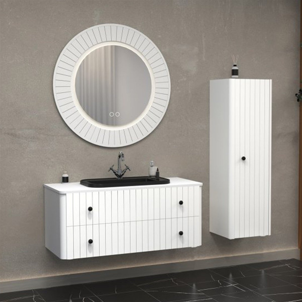 Aquanil Solaris 120 Cm Ayaksız Siyah Lavabolu Banyo Dolabı - Beyaz resmi