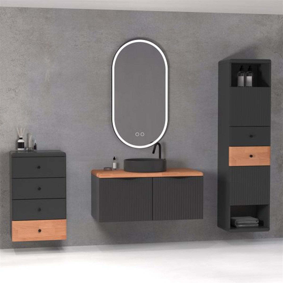 Aquanil Belissimo 100 Cm Banyo Dolabı - Antrasit/kayın resmi