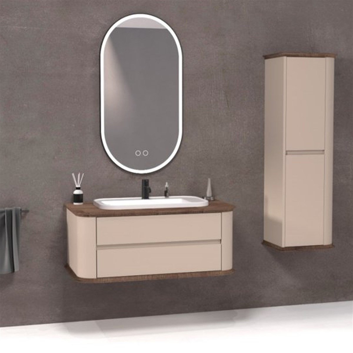 Aquanil Pier 100 Cm Beyaz Lavabolu Banyo Dolabı - Vizon resmi