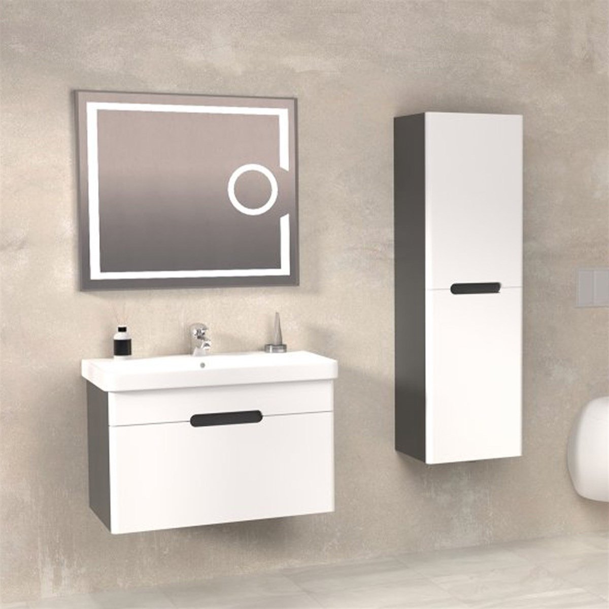 Aquanil Olimpia 80 Cm Banyo Dolabı (mercekli Led Ayna) - Antrasit/beyaz resmi