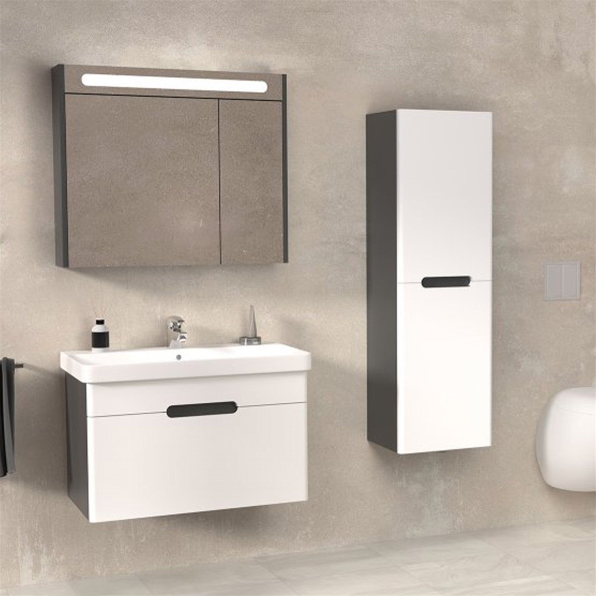 Aquanil Olimpia 80 Cm Banyo Dolabı (aynalı Led Dolap) - Antrasit/beyaz resmi