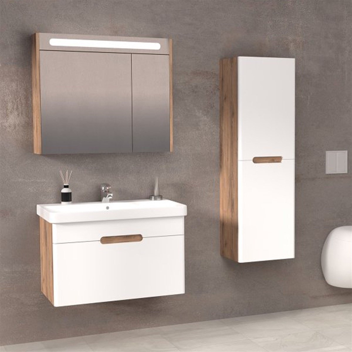 Aquanil Olimpia 80 Cm Banyo Dolabı (aynalı Led Dolap) - Dorado/beyaz resmi