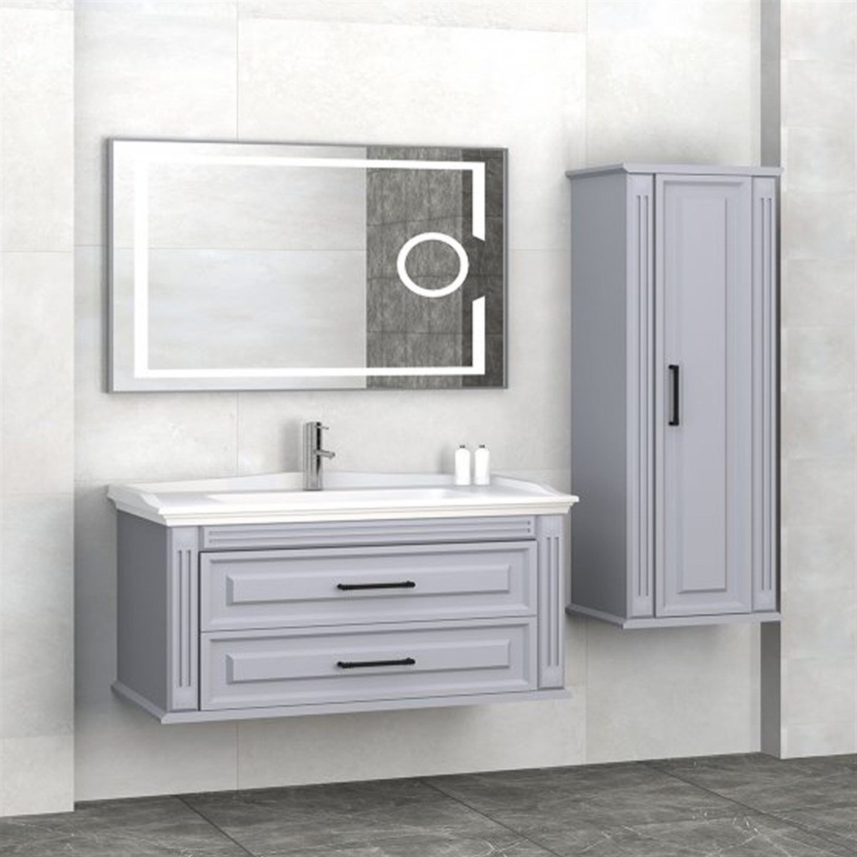 Aquanil Moskova 100 Cm Banyo Dolabı (mercekli Led Ayna)- Gri resmi