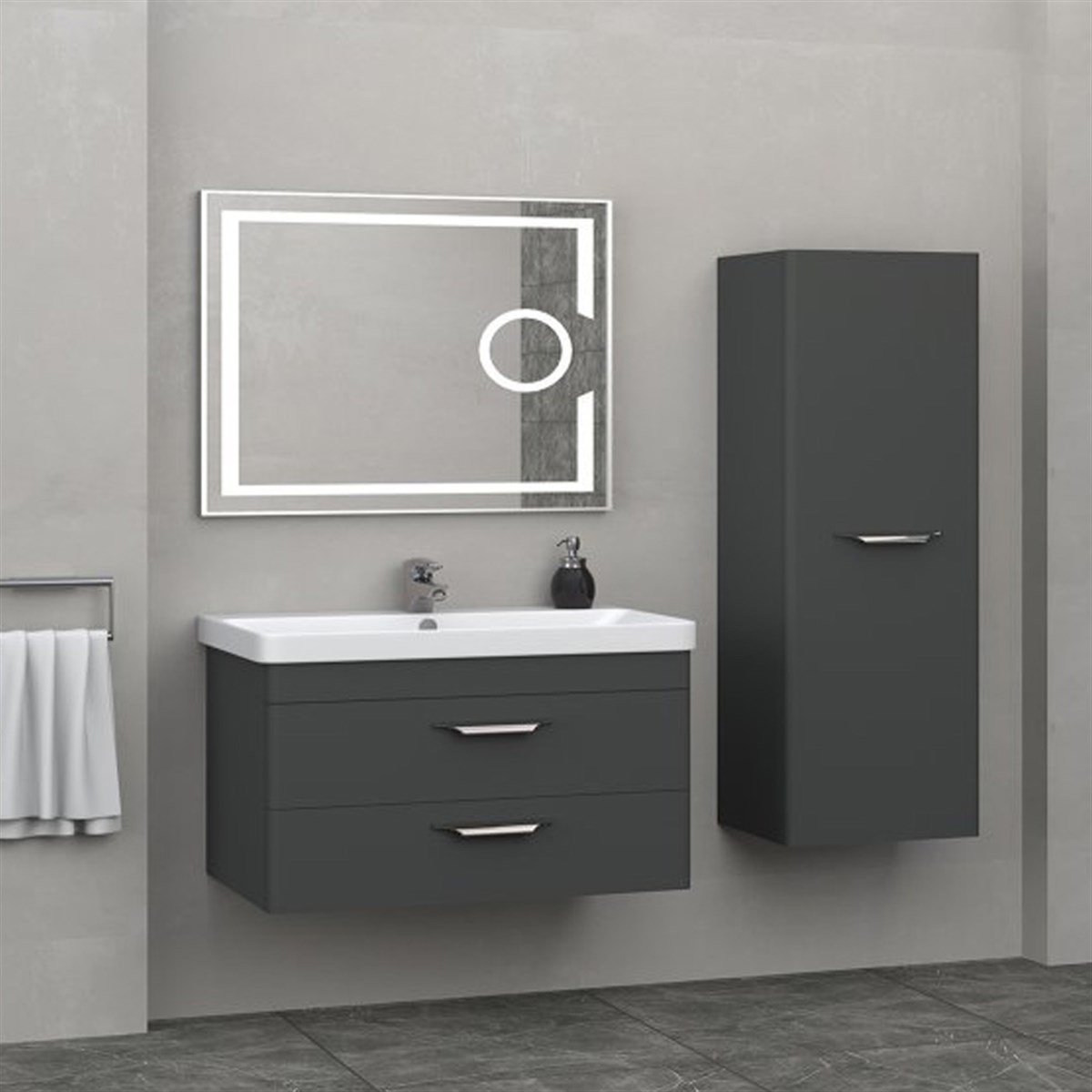 Aquanil Maria 80 Cm Banyo Dolabı (mercekli Led Ayna) - Antrasit resmi