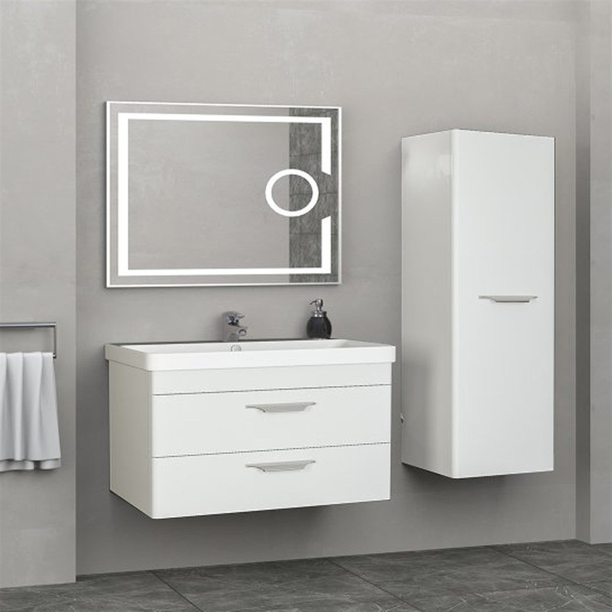 Aquanil Maria 80 Cm Banyo Dolabı (mercekli Led Ayna) - Beyaz resmi