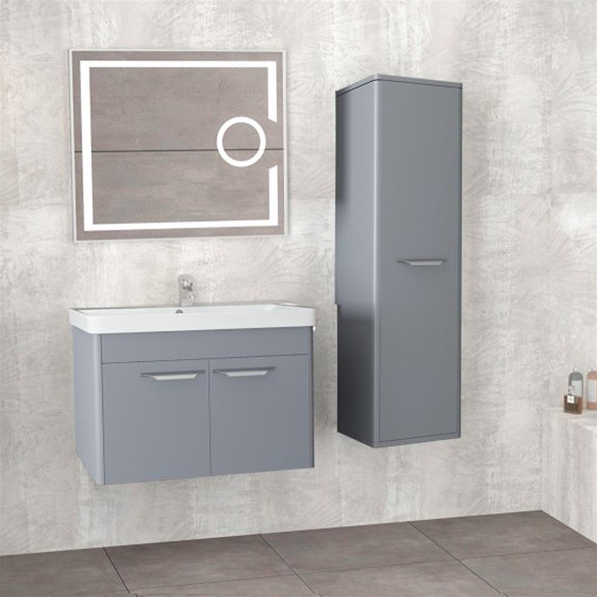 Aquanil Mauna 80 Cm Banyo Dolabı (mercekli Led Ayna) - Gri resmi