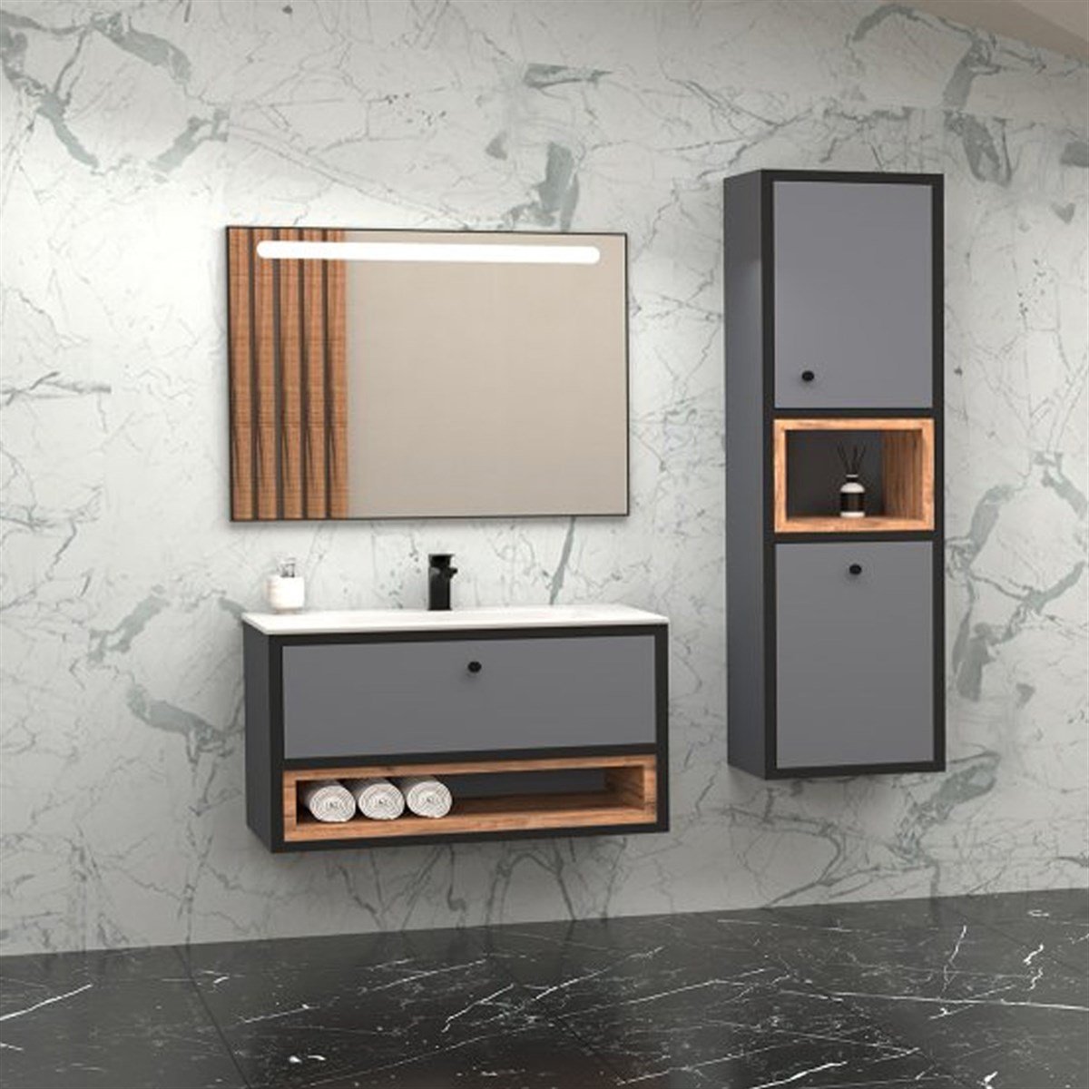 Aquanil Espero 80 Cm Siyah Lavabolu Banyo Dolabı - Antrasit/dorado resmi