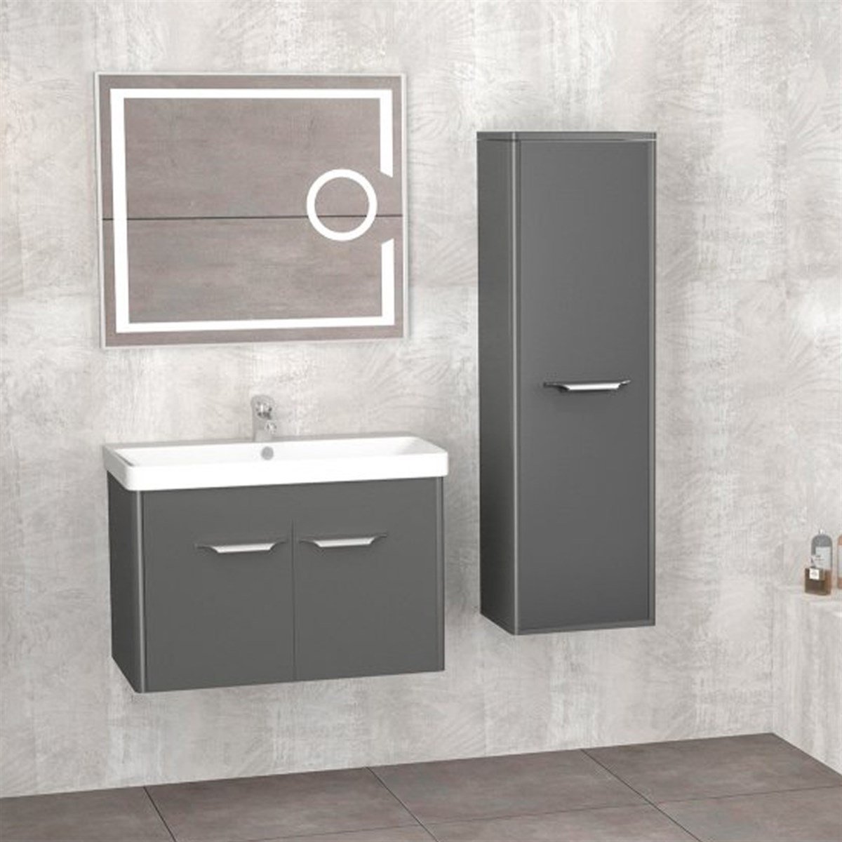 Aquanil Mauna 80 Cm Banyo Dolabı (mercekli Led Ayna) - Antrasit resmi