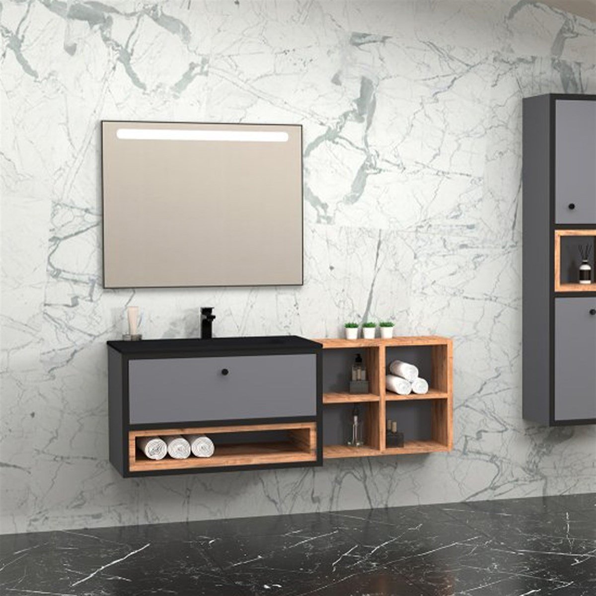 Aquanil Espero 145 Cm Siyah Lavabolu Banyo Dolabı - Antrasit/dorado resmi