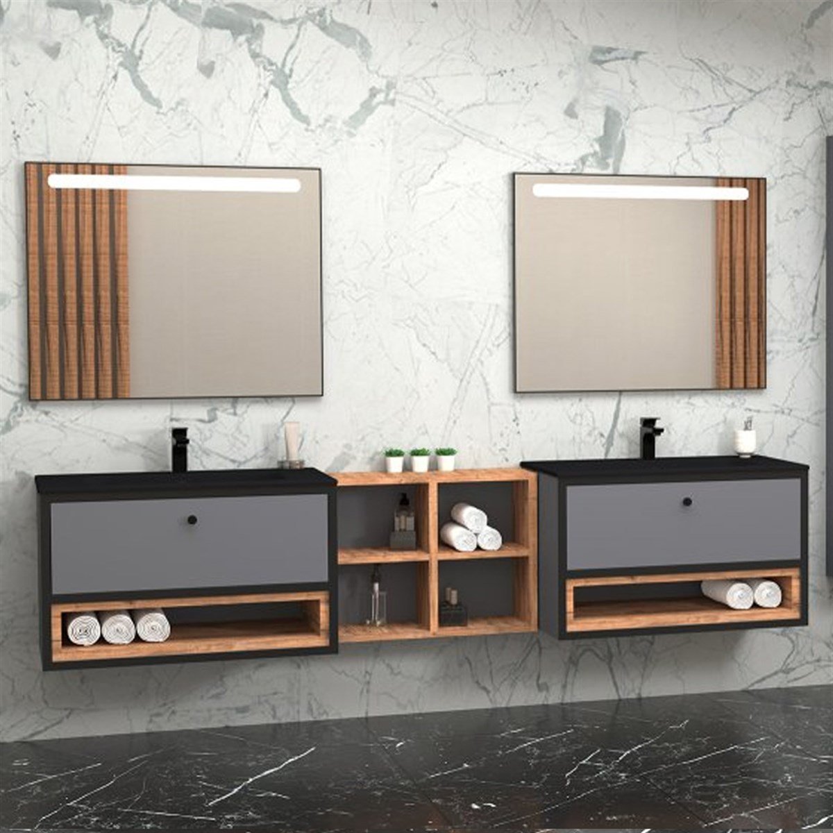 Aquanil Espero 225 Cm Siyah Lavabolu Banyo Dolabı - Antrasit/dorado resmi