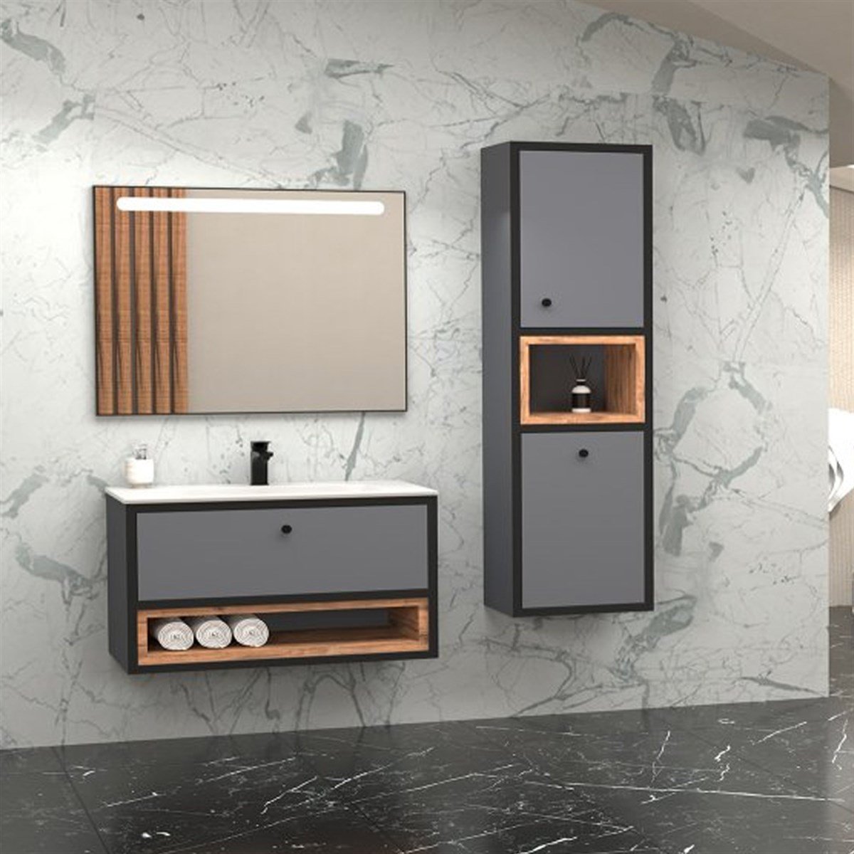 Aquanil Espero 80 Cm Beyaz Lavabolu Banyo Dolabı - Antrasit/dorado resmi