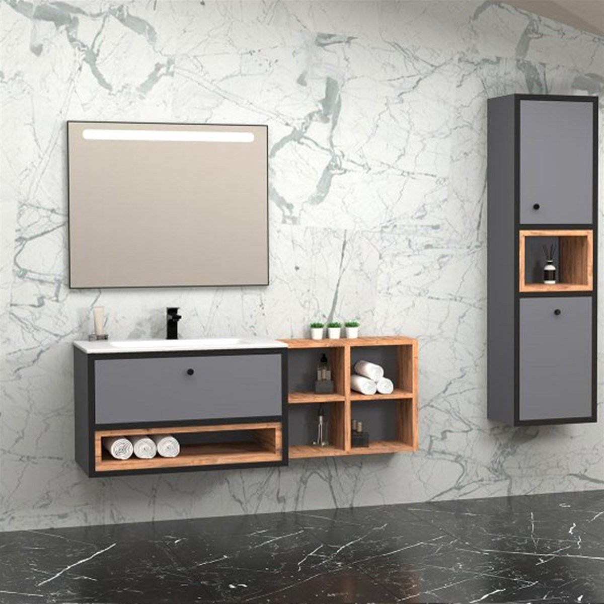 Aquanil Espero 145 Cm Beyaz Lavabolu Banyo Dolabı - Antrasit/dorado resmi