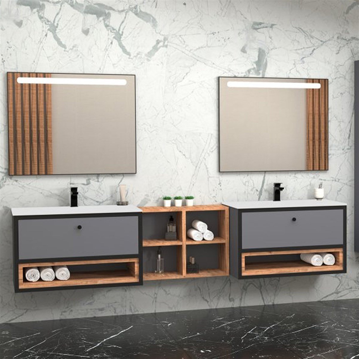 Aquanil Espero 225 Cm Beyaz Lavabolu Banyo Dolabı - Antrasit/dorado resmi