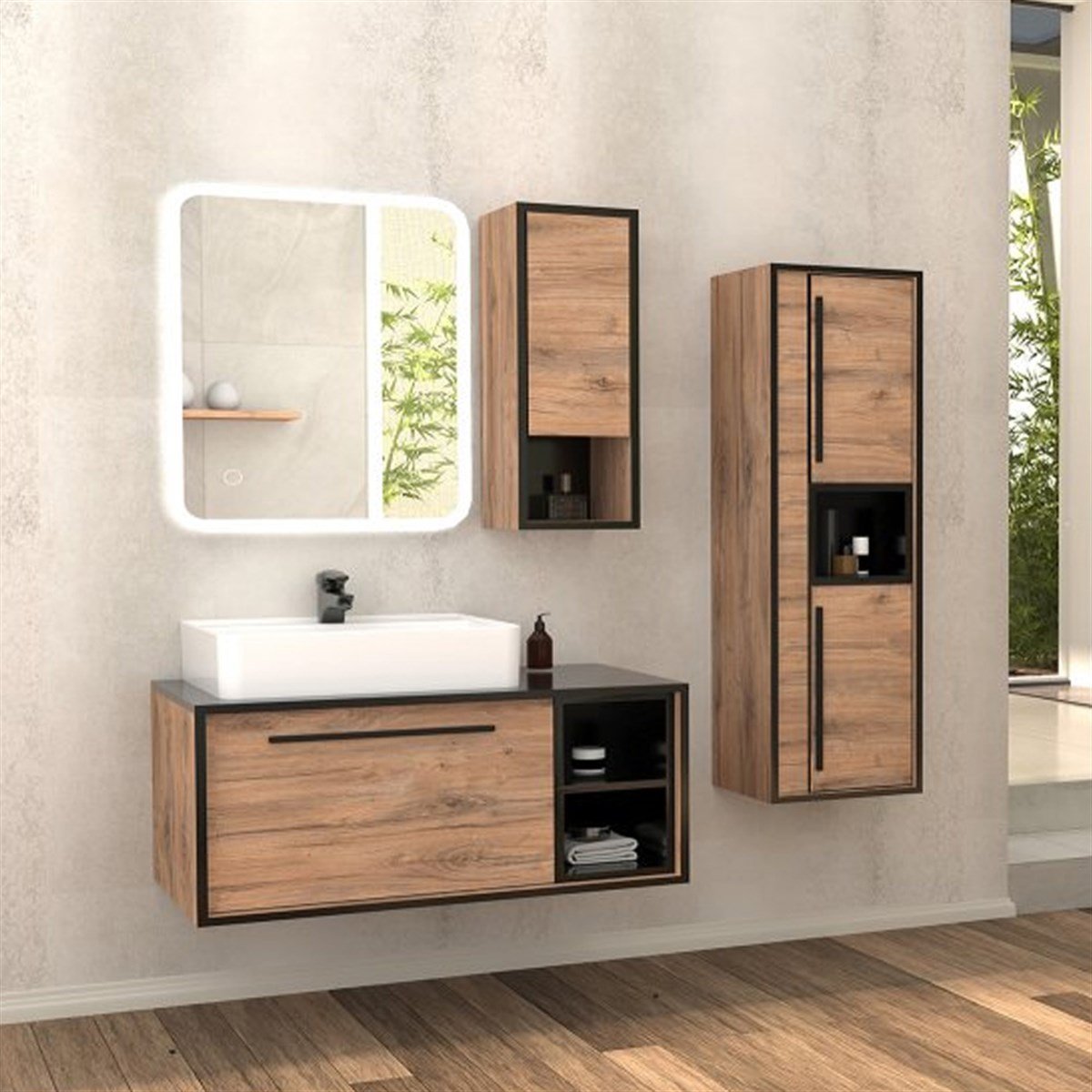 Aquanil Energy 90 Cm Beyaz Lavabolu Banyo Dolabı - Siyah/dorado resmi