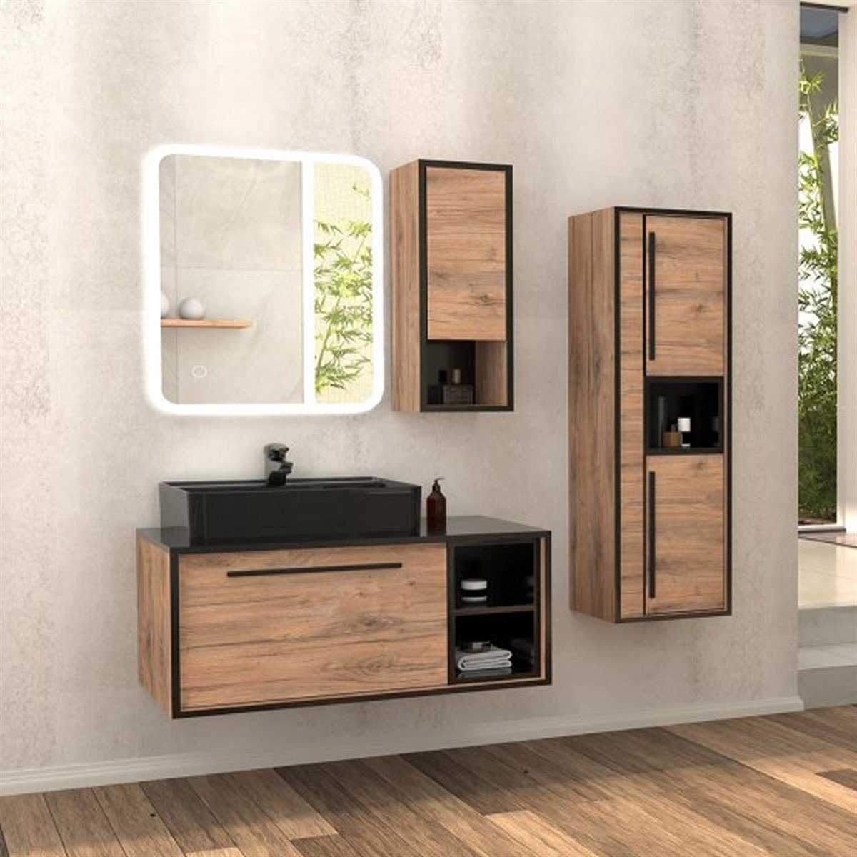 Aquanil Energy 90 Cm Siyah Lavabolu Banyo Dolabı - Siyah/dorado resmi