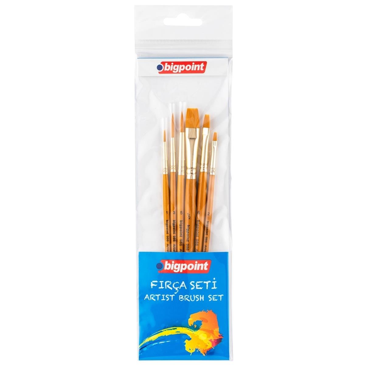 Bigpoint 986 Serisi Sentetik Kıl Yuvarlak ve Kesik Uçlu Fırça Seti 6'li Blister resmi