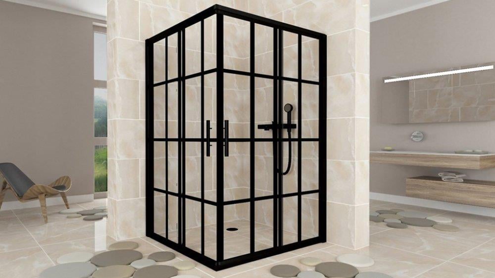 Aquanil İndiana 6mm Kare Siyah Profil Kare Desen Cam Duşakabin 70x70cm resmi