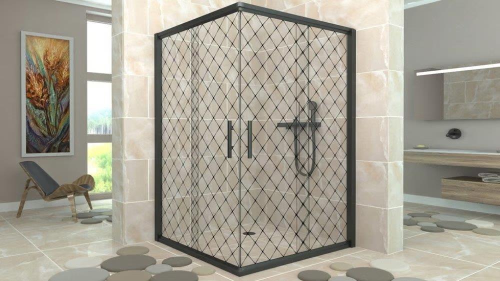 Aquanil İndiana 6mm Kare Siyah Profil Darky Desen Cam Duşakabin 90x90cm resmi