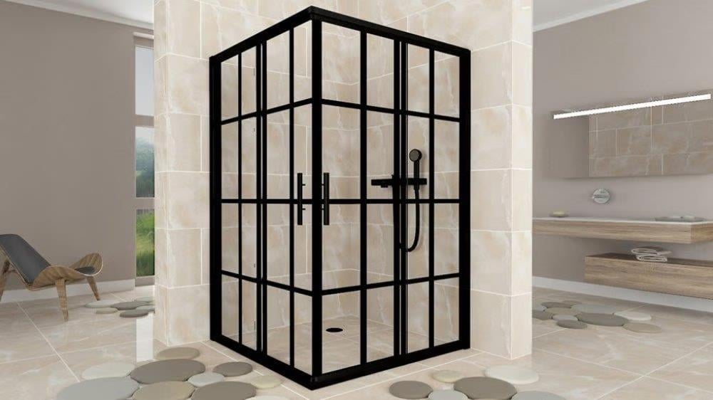 Aquanil İndiana 6mm Kare Siyah Profil Kare Desen Cam Duşakabin 80x80cm resmi