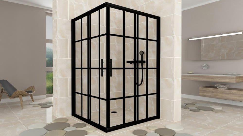 Aquanil İndiana 6mm Kare Siyah Profil Kare Desen Cam Duşakabin 100x100cm resmi