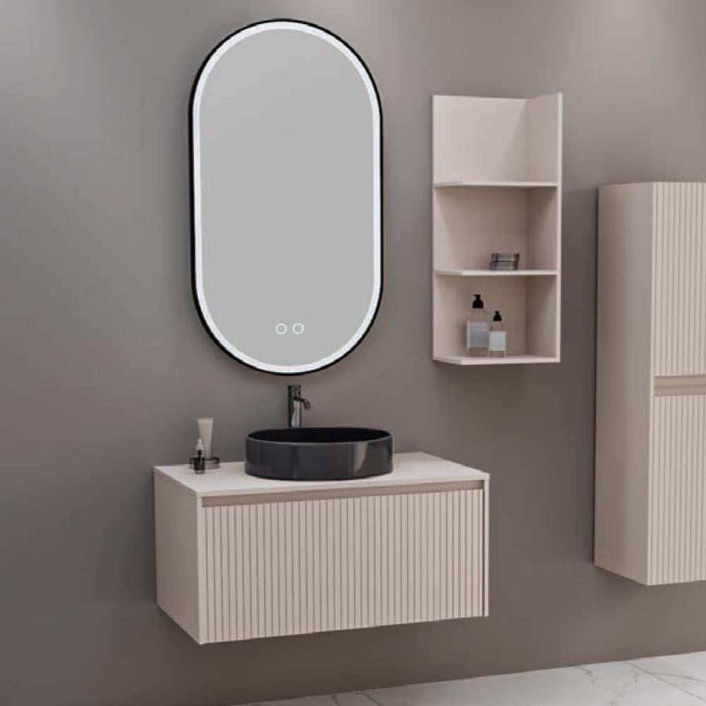 Aquanil Almonde 80 Cm Banyo Dolabı Siyah Lavabolu - Krem resmi