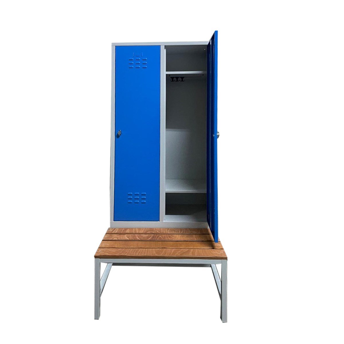 Usta Çelik Giyinme Dolabı Metal Oturma Banklı 2 Kapılı U-S02-Bnk Gri Gövde-Mavi Kapak resmi